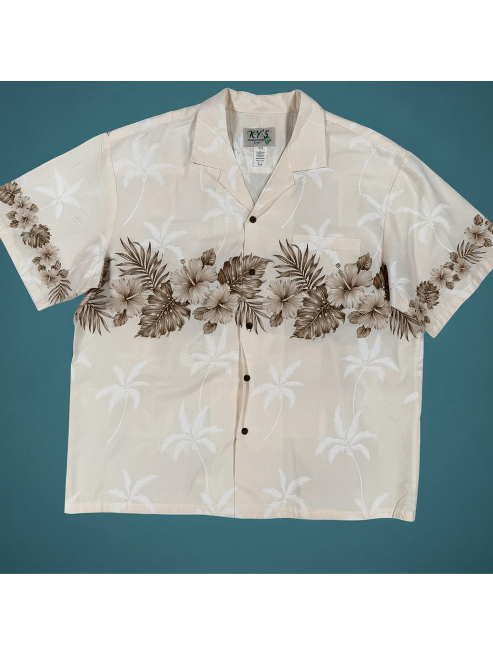 KY'S Made in Hawaii 100% Cotton Beige Hawaiian Shirt 2XL